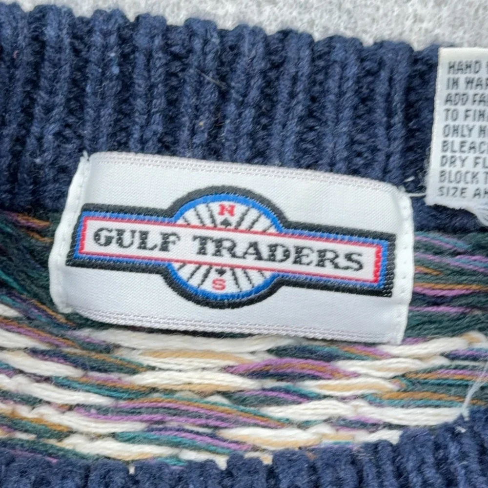 Vintage Grandpa Sweater Men Large Blue Geometric Heavy Knit Crewneck Cotton 90s